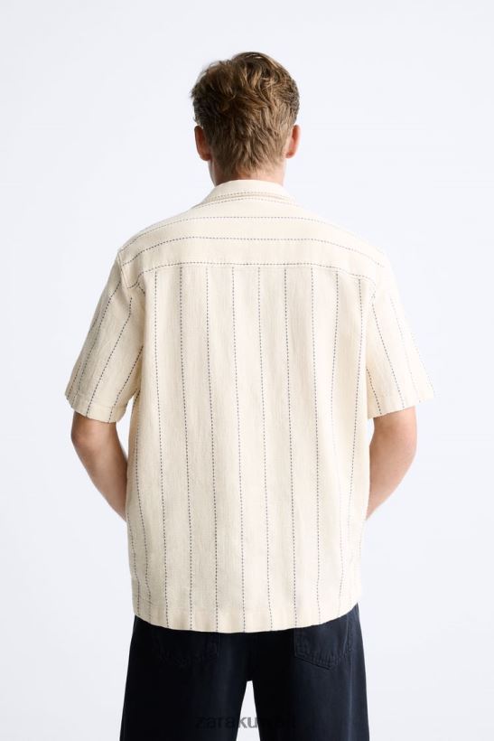 Zara قميص مخطط محكم رجال اللون البيج ملابس 6L6LL8968