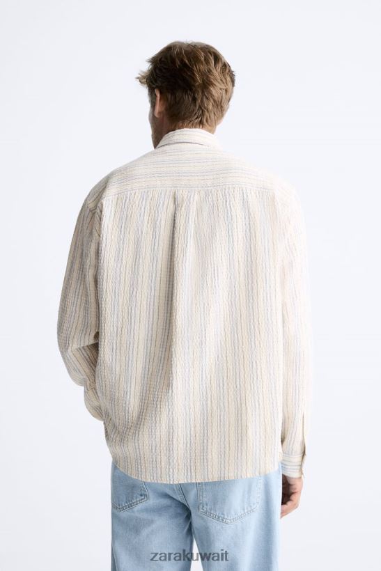 Zara قميص قطني مخطط رجال أزرق أبيض ملابس 6L6LL8970