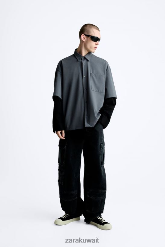 Zara قميص بأكمام الطبقات رجال أنثراسيت رمادي ملابس 6L6LL8974