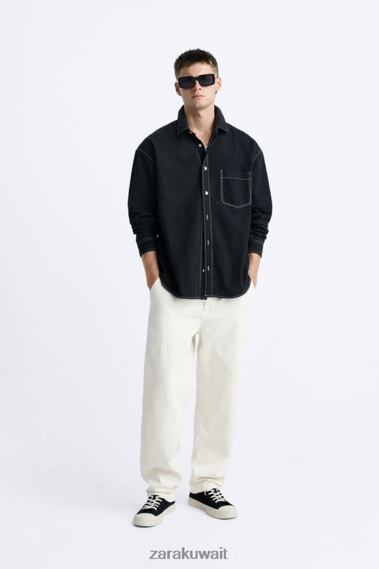 Zara قميص بخياطة متباينة رجال أسود ملابس 6L6LL8977