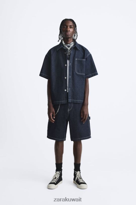 Zara قميص الدنيم مخيط رجال أزرق ملابس 6L6LL8978