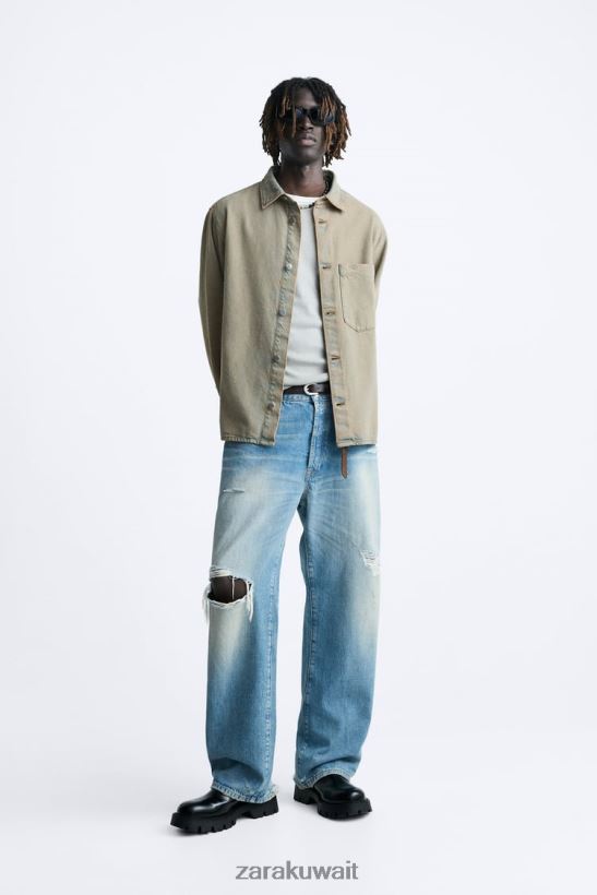 Zara قميص الدنيم المصبوغ رجال رمل ملابس 6L6LL8983