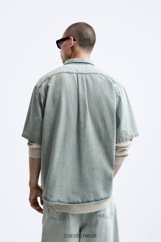 Zara قميص الدنيم مع جيب رجال أزرق ملابس 6L6LL8985