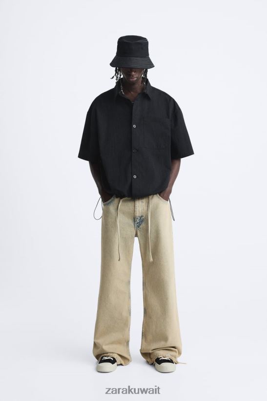 Zara قميص بحاشية قابلة للتعديل رجال أسود ملابس 6L6LL8988