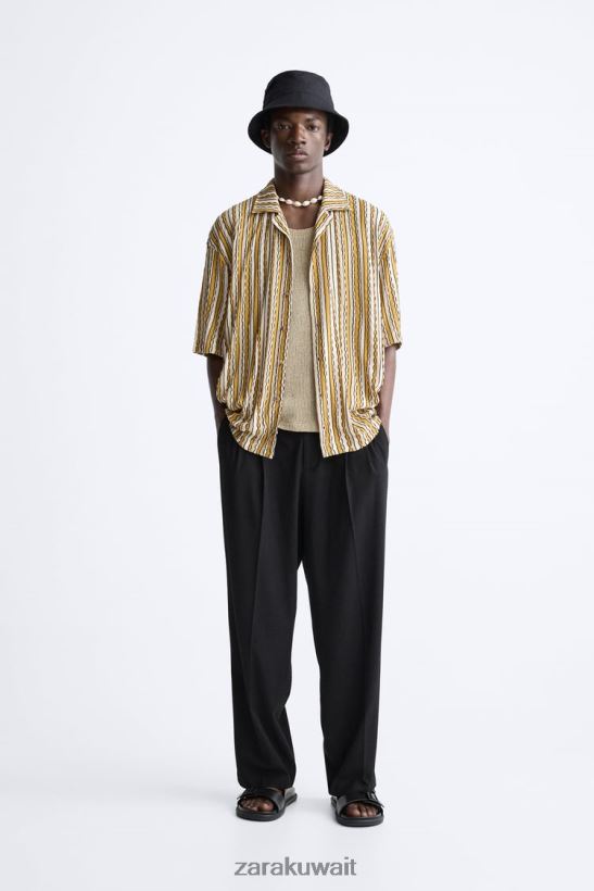 Zara قميص جاكار مخطط رجال بيج فاتح/أصفر ملابس 6L6LL8989