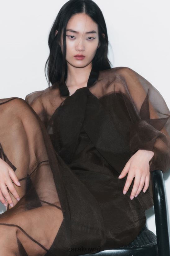 Zara سترة بومبر أورجانزا متباينة نحيف بني ملابس 6L6LL899