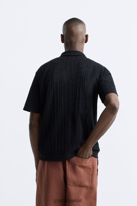 Zara قميص بوانتيلي محكم رجال أسود ملابس 6L6LL8995