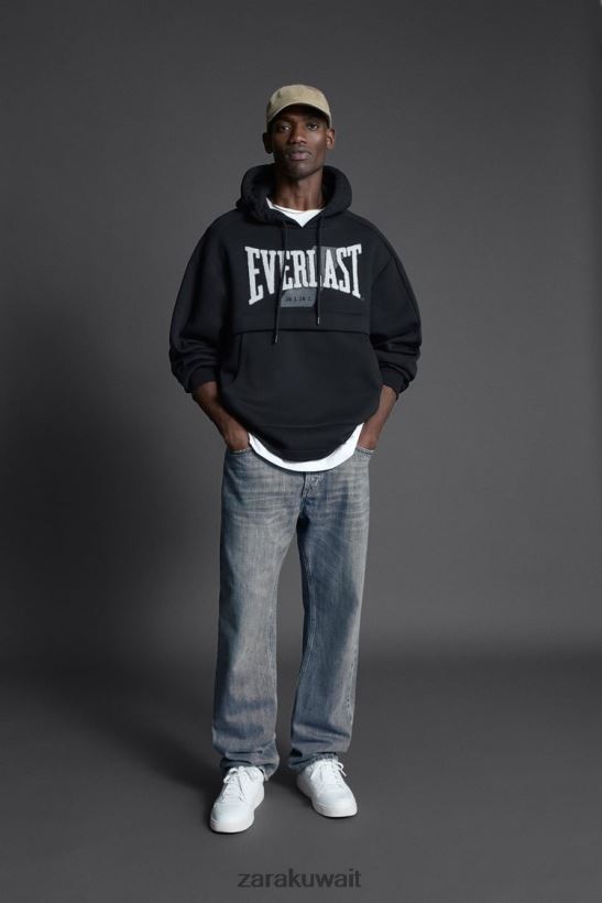 Zara سترة هوديي Everlast رجال أسود ملابس 6L6LL81048