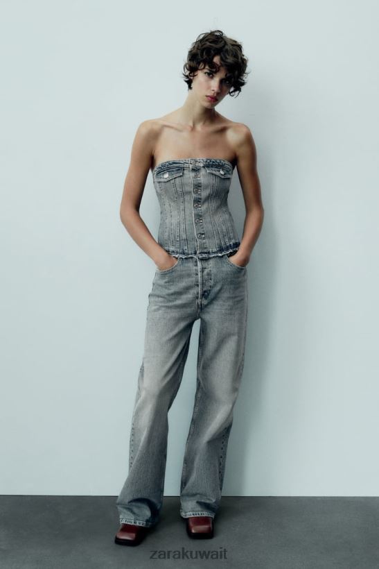 Zara بذلة الدنيم بدون حمالات من TRF نحيف الأزرق الداكن ملابس 6L6LL8246