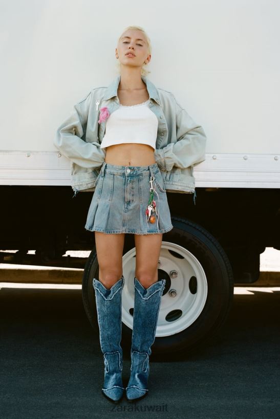 Zara تنورة جينز TRF مطوية نحيف أزرق ملابس 6L6LL8716