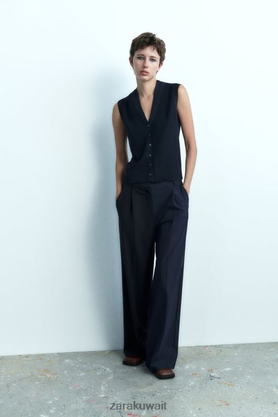 Zara بلوزة متماسكة برقبة على شكل حرف V نحيف الأزرق الداكن ملابس 6L6LL8278