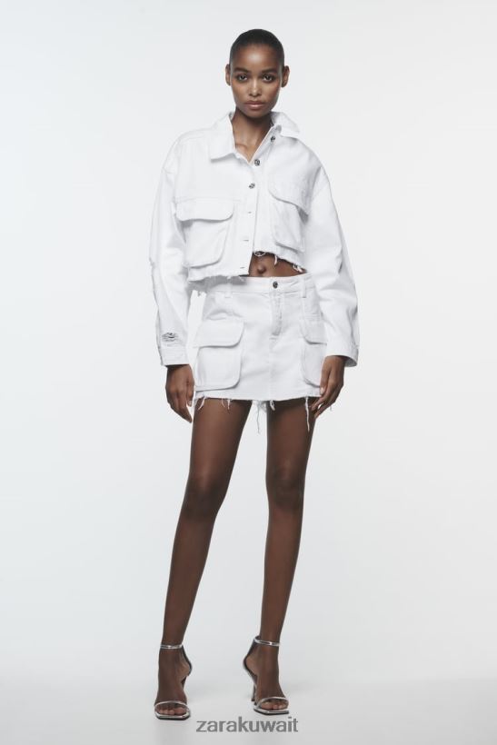 Zara سترة جينز ممزقة Z1975 نحيف أبيض ملابس 6L6LL8103
