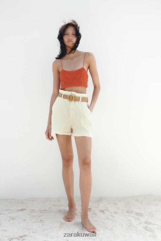 Zara شورت جينز Z1975 واسع بحزام نحيف بيج فاتح ملابس 6L6LL8595