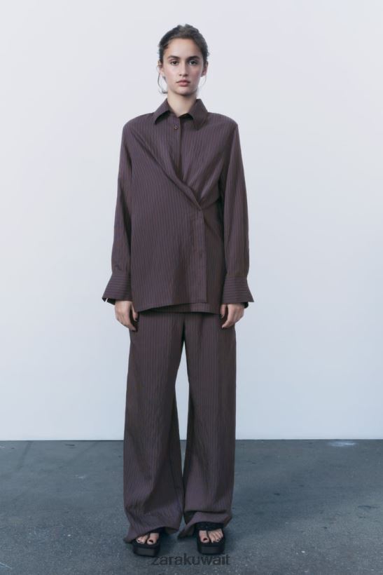 Zara مجموعة ZW قميص مخطط بسيط ومتعدد المواضع نحيف بني/أزرق ملابس 6L6LL8299