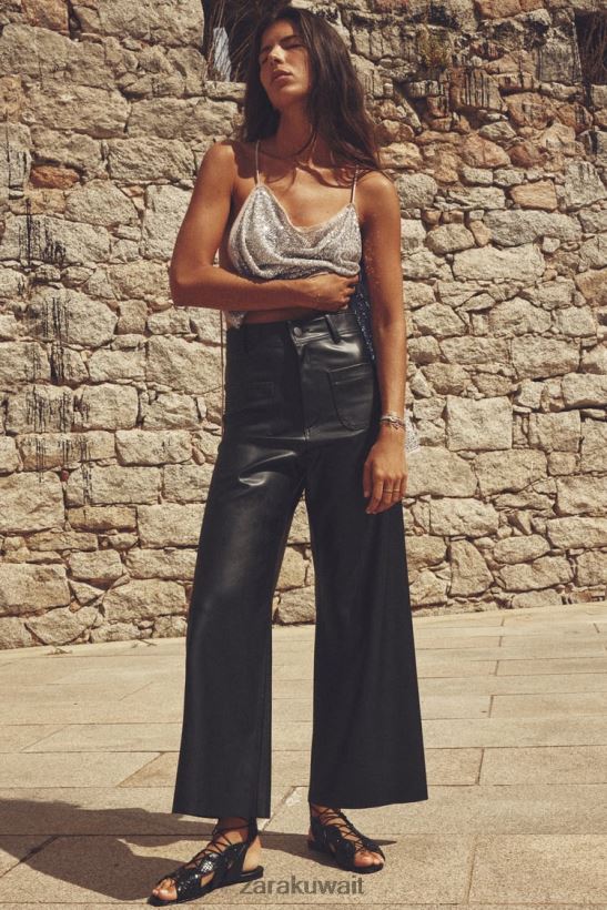 Zara بنطال ZW Marine مستقيم عالي الخصر من الجلد الصناعي نحيف أسود ملابس 6L6LL8491