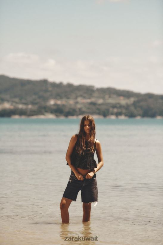 Zara trf شورت جينز فضفاض نحيف أنثراسيت رمادي ملابس 6L6LL8558