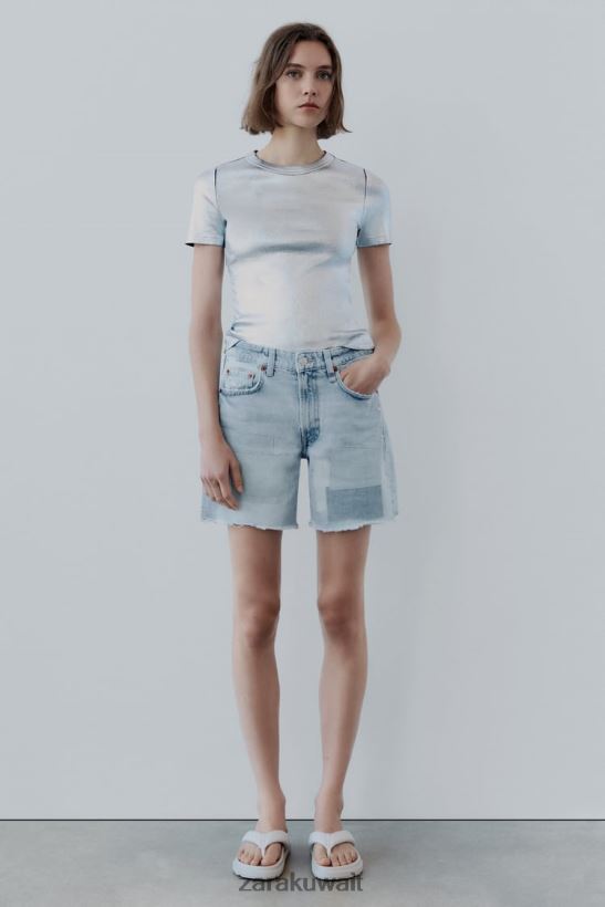 Zara شورت جينز trf متوسط ​​الارتفاع نحيف أزرق ملابس 6L6LL8587