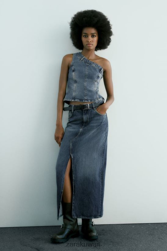 Zara تنورة طويلة من الدنيم trf نحيف الأزرق الداكن ملابس 6L6LL8650