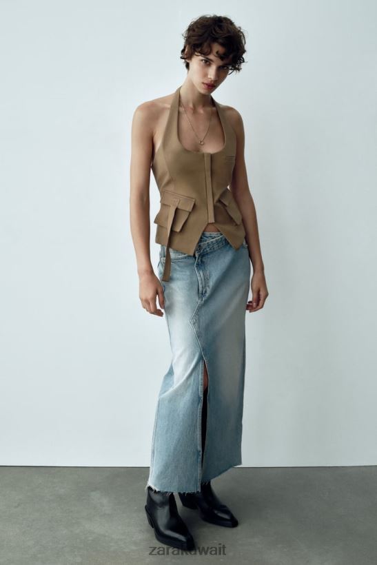 Zara تنورة طويلة من الدنيم trf نحيف أزرق ملابس 6L6LL8661