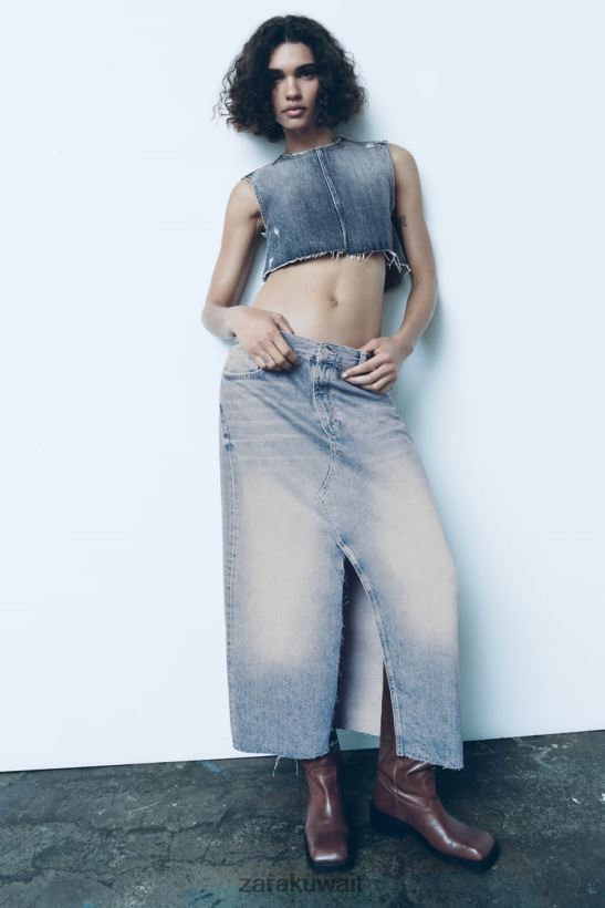 Zara تنورة طويلة من الدنيم trf نحيف أزرق ملابس 6L6LL8676