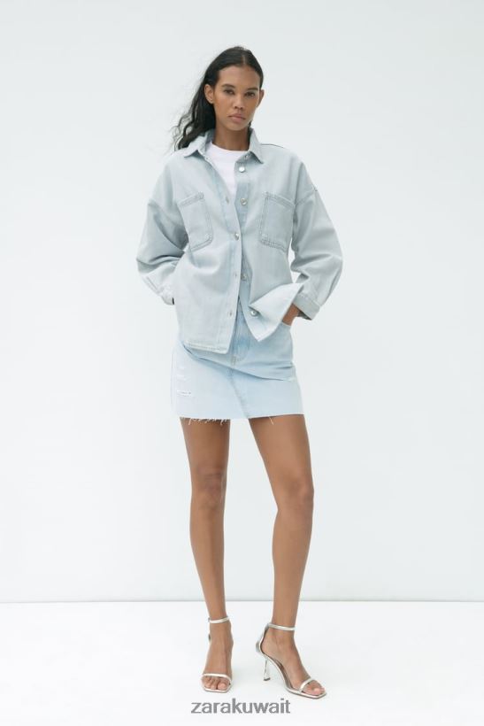 Zara قميص جينز بجيب رقعة z1975 نحيف أزرق فاتح ملابس 6L6LL8121