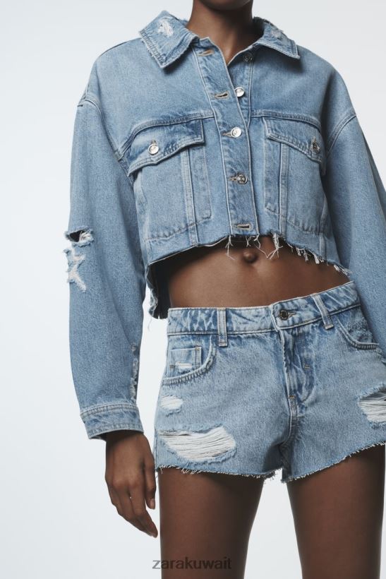 Zara z1975 شورت جينز قصير ممزق نحيف منتصف الأزرق ملابس 6L6LL8549