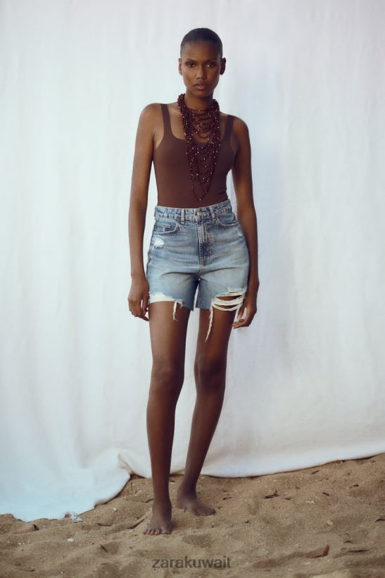 Zara شورت جينز ممزق z1975 نحيف منتصف الأزرق ملابس 6L6LL8555