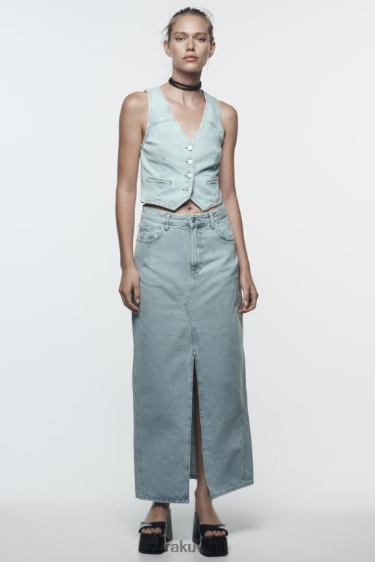 Zara تنورة ميدي من الدينيم بفتحة أمامية z1975 نحيف رمادي ملابس 6L6LL8693