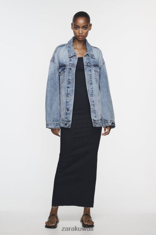 Zara zw سترة الدنيم كبيرة الحجم نحيف تلاشى اللون الأزرق ملابس 6L6LL838