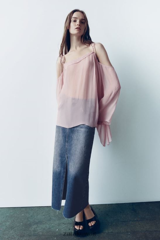 Zara تنورة جينز عالية الخصر بفتحة zw نحيف أزرق ملابس 6L6LL8645